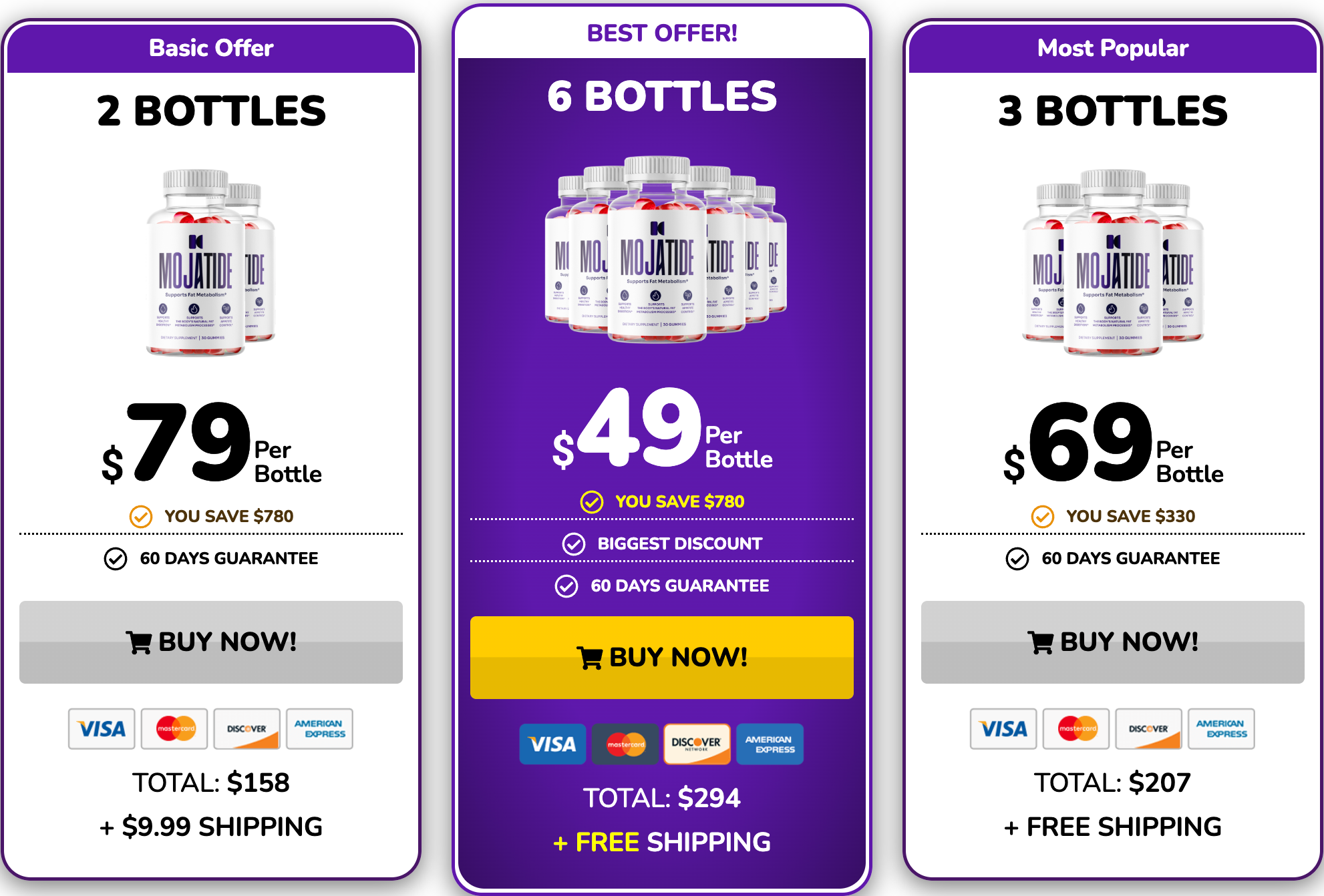 Mojatide pricing: 2, 3, and 6 bottle packages